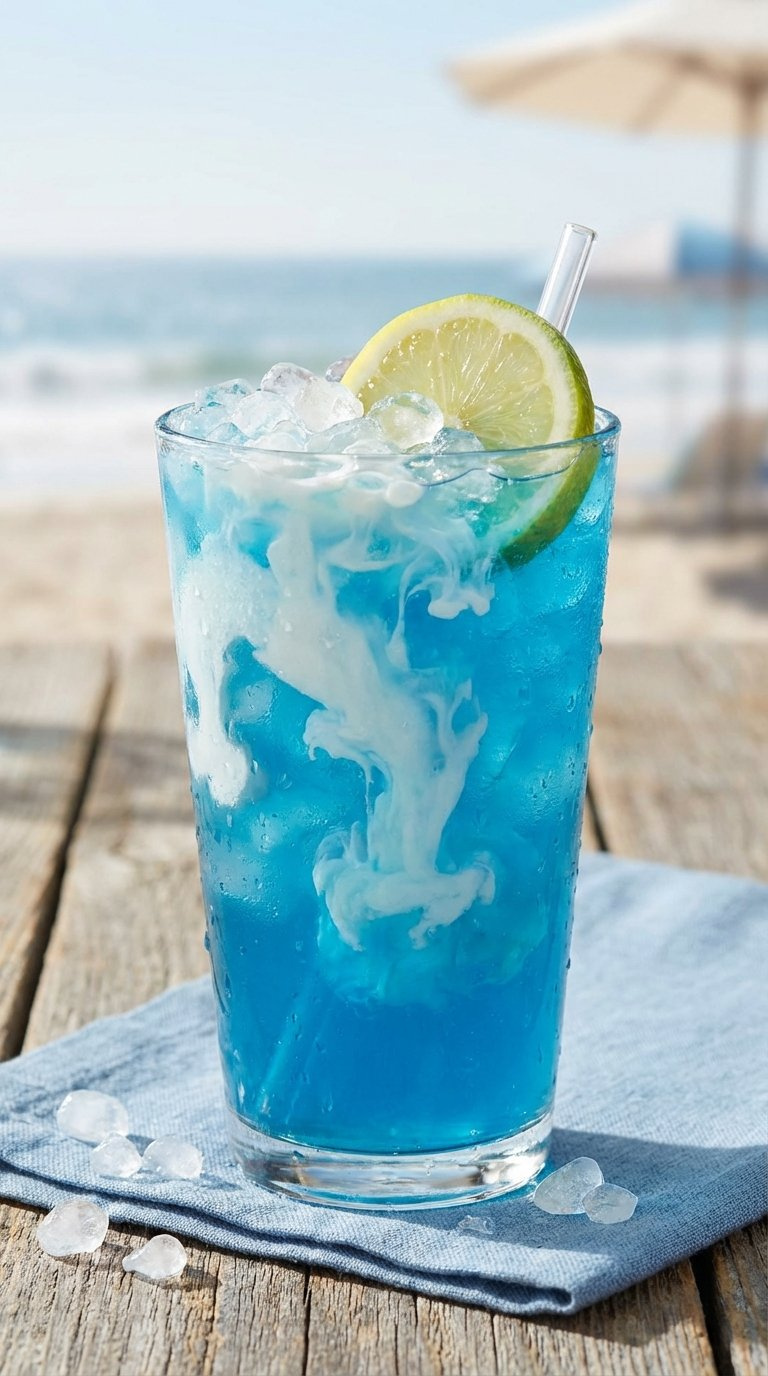 Vibrant Blue Ocean Water Sonic Beverage With Sweet Cream Swirl, Pebble Ice, And Lemon Slice On Rustic Table