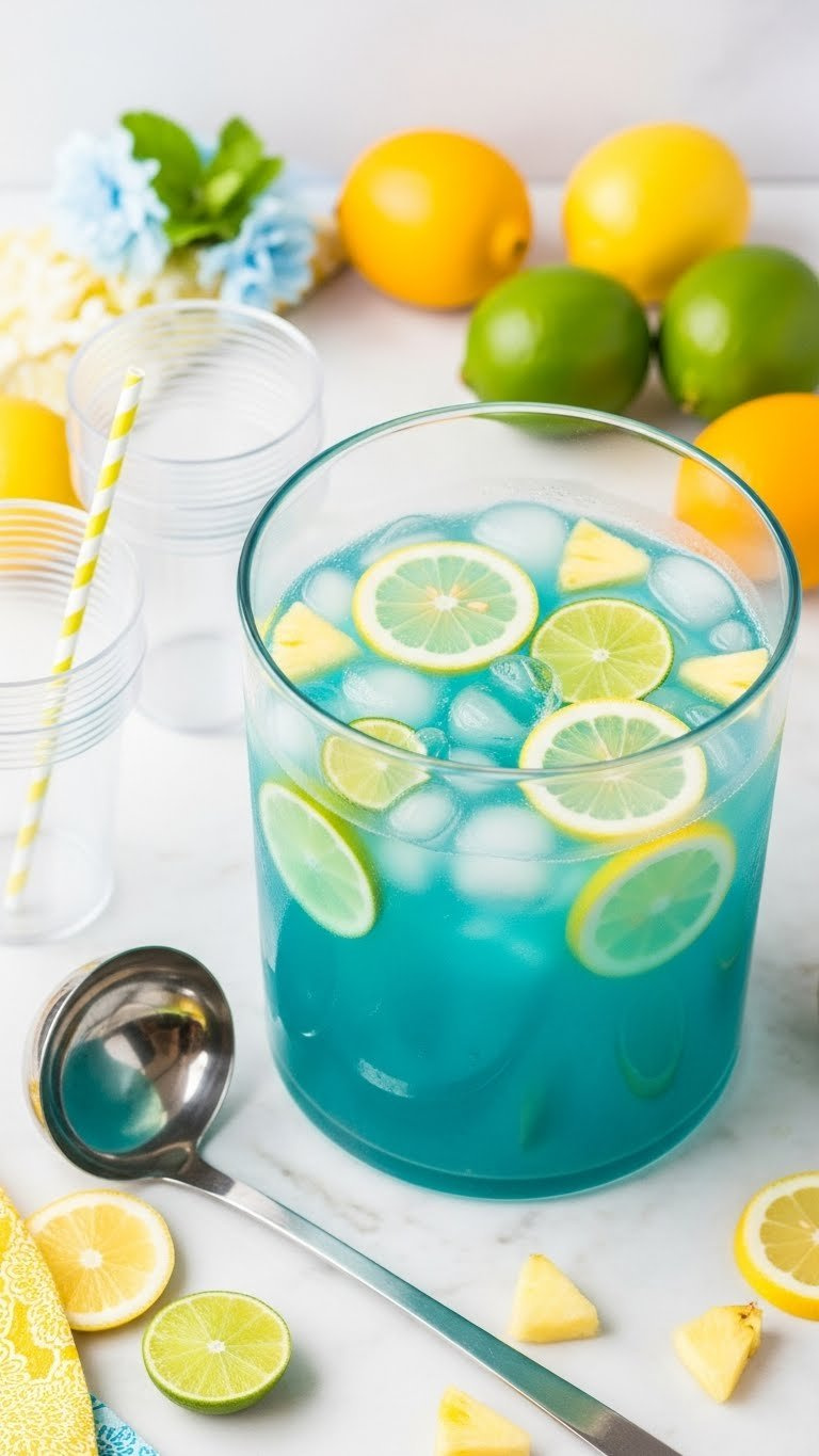 Vibrant Blue Lagoon Punch With Citrus Slices In Clear Bowl On White Marble Countertop