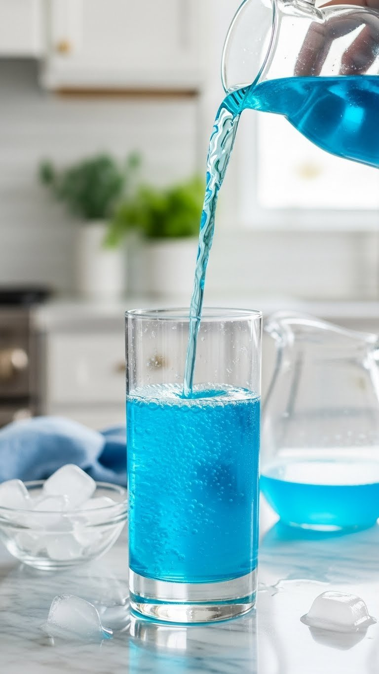 Vibrant Blue Mocktail Being Poured Into Elegant Clear Glass With Gentle Fizz And Condensation On Marble Countertop