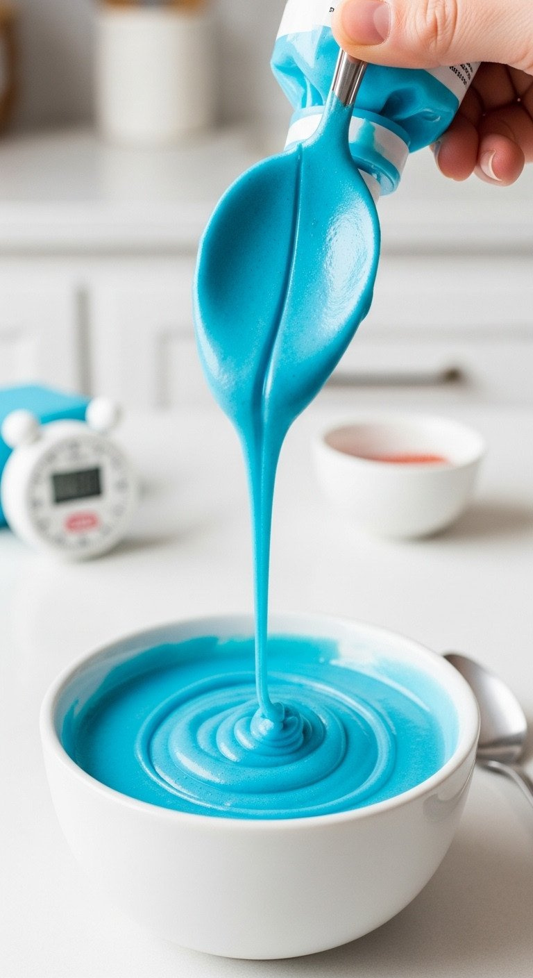 Vibrant Blue Royal Icing In A White Bowl, Demonstrating 10-Second Flood Consistency For Smooth Cookie Decorating.