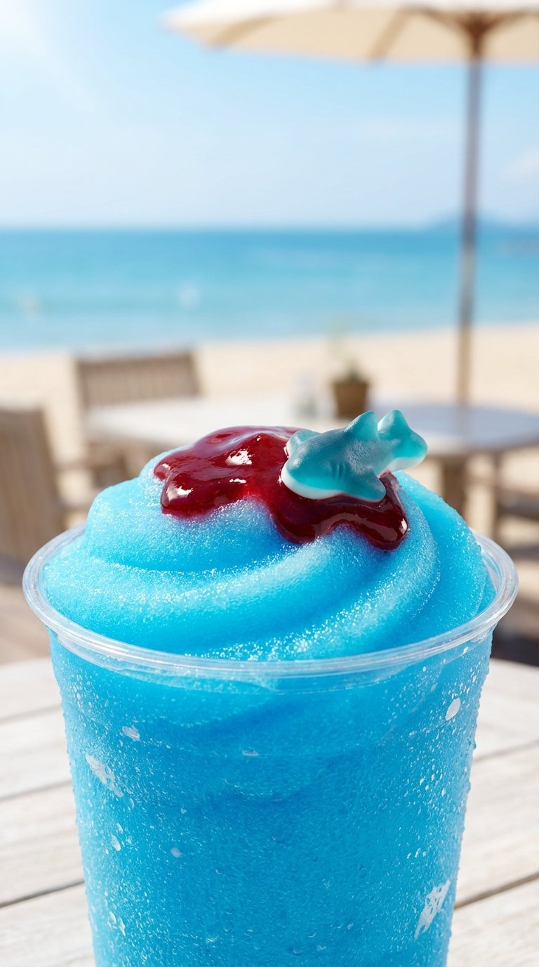Vibrant Blue Shark Attack Slushie In Clear Plastic Cup With Dramatic Red Syrup Swirl And Gummy Shark Garnish