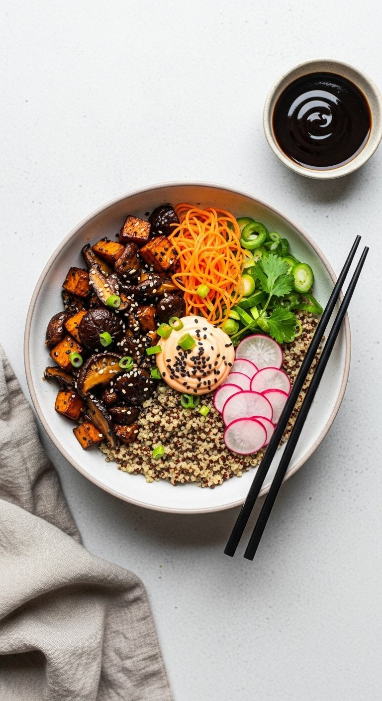 Vibrant Bowl Of Dark Glossy Hoisin-Glazed Sweet Potatoes And Shiitake Mushrooms Served Over Fluffy Quinoa With Spicy Mayo.