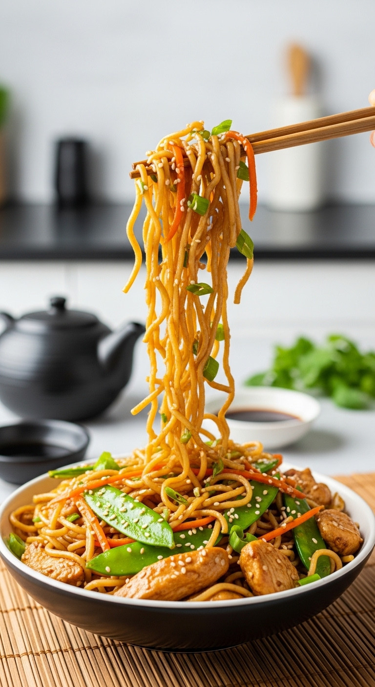 Vibrant Bowl Of Easy Chicken Lo Mein Noodles With Chicken Carrots And Snow Peas Being Lifted By Chopsticks