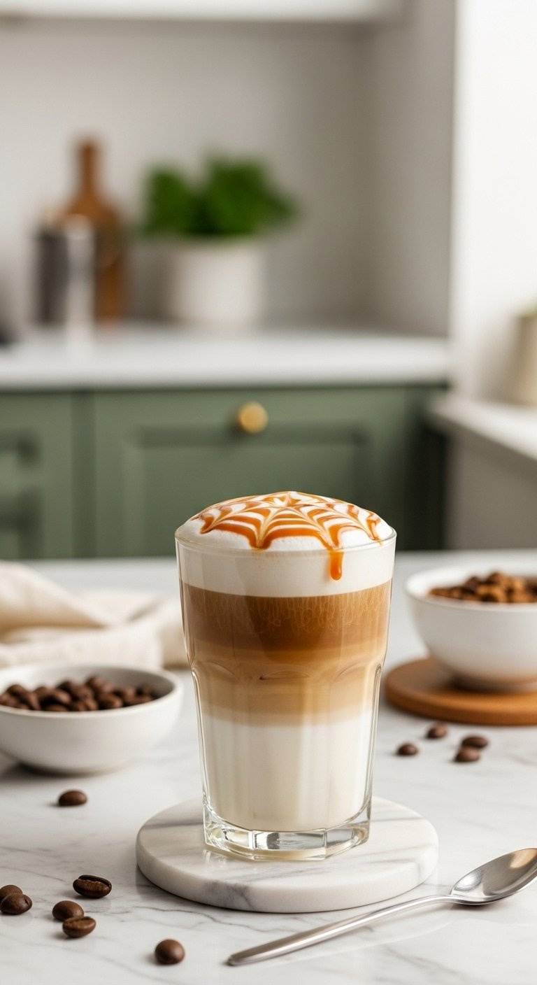 Vibrant Brown Sugar Shaken Espresso With Frothy Foam And Ice Cubes In A Clear Glass On Light Wood.