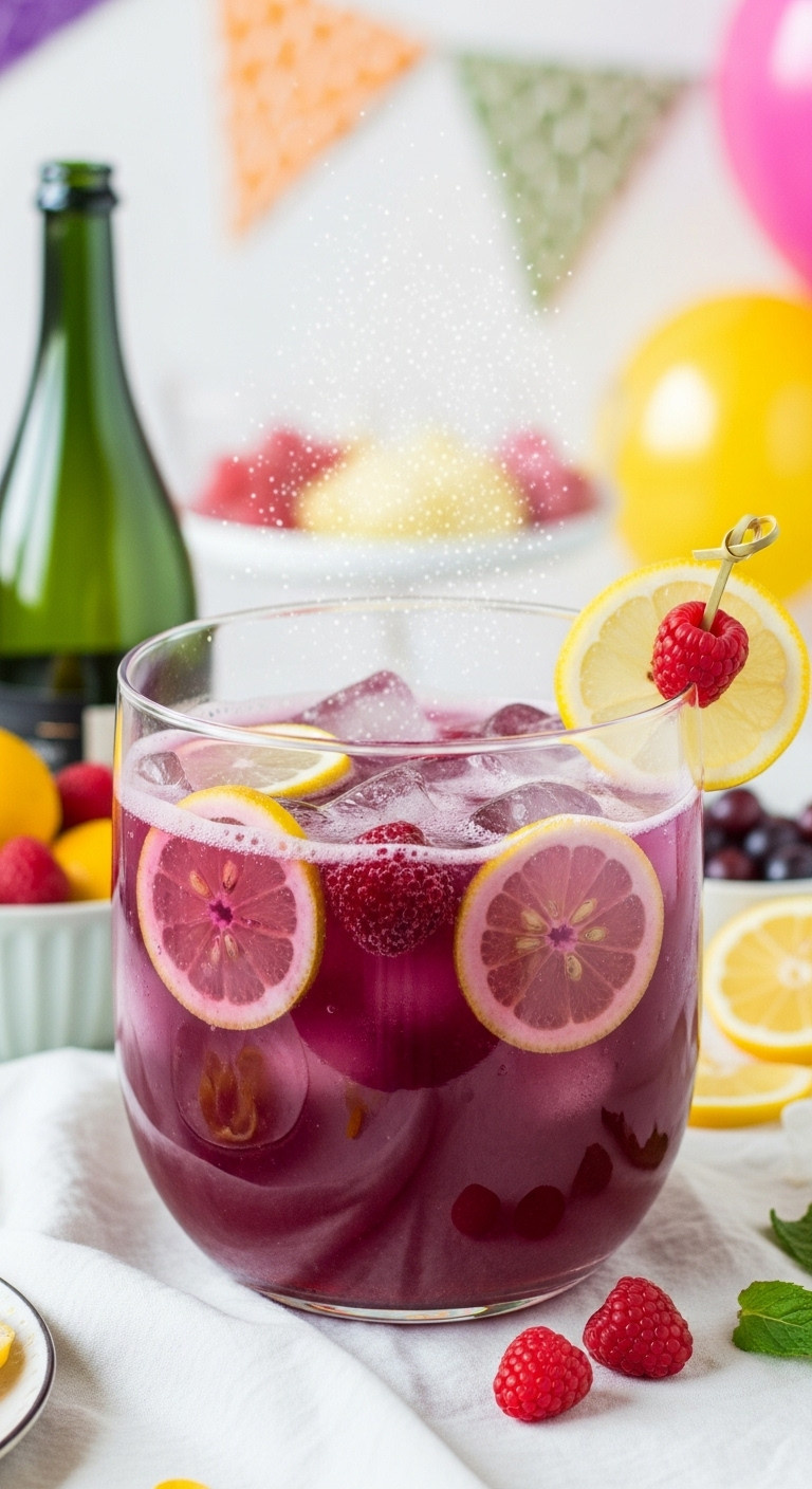 Vibrant Bubbly Purple Fizzy Hocus Pocus Punch With Floating Lemon Wheels And Raspberries In A Clear Glass Punch Bowl.
