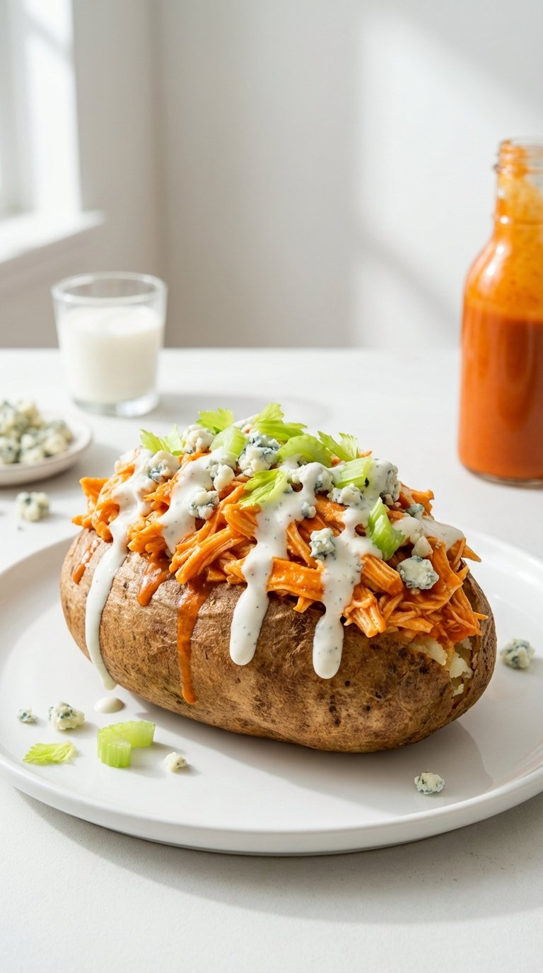Vibrant Buffalo Chicken Baked Potato With Shredded Chicken, Buffalo Sauce, Blue Cheese Crumbles, And Ranch Dressing On White Plate.