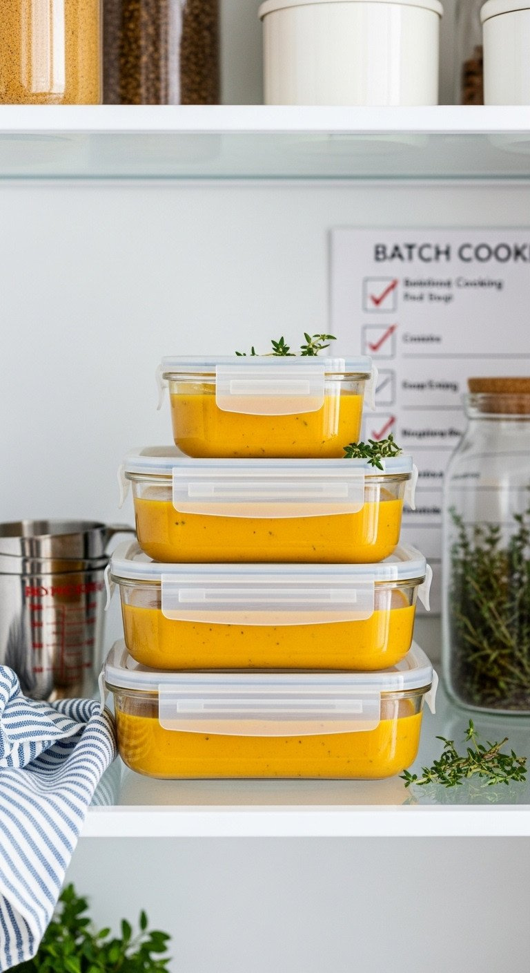 Vibrant Butternut Squash Soup In Glass Meal Prep Containers On A Clean White Shelf. Healthy Batch Cooking For Easy Make-Ahead Meals.