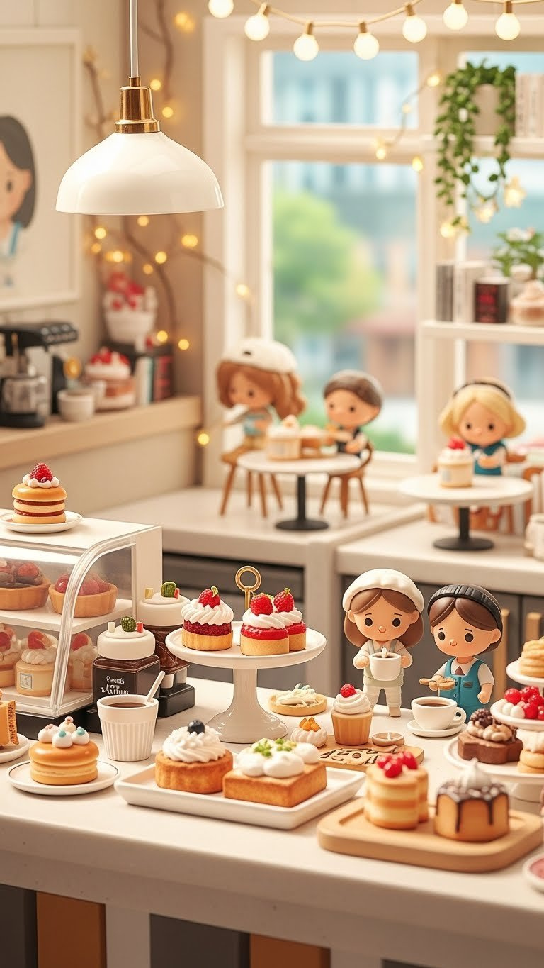 Vibrant Cafe Counter Overflowing With Colorful Pastries And Happy Customer Characters Enjoying Treats