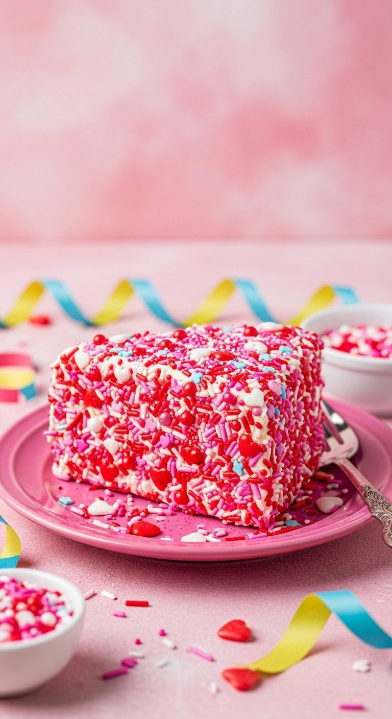 Vibrant Cake Slice Completely Covered In Multi-Sized Red, Pink, And White Sprinkles And Edible Glitter On A Bright Plate.