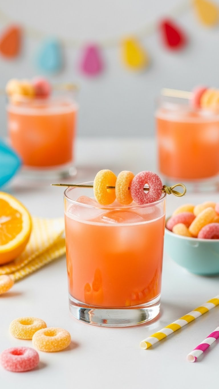 Vibrant Candy-Colored Peach Ring Cocktail In Short Glass Garnished With Peach Ring Candies On Colorful Backdrop