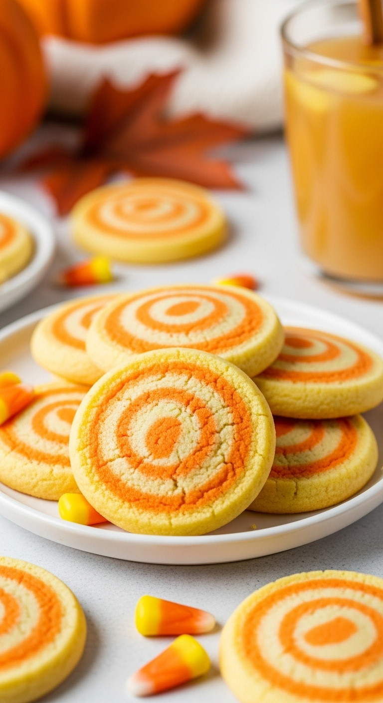 Vibrant Candy Corn Swirl Sugar Cookies With Yellow, Orange, White Dough, On A White Plate With Cider. Autumn Halloween Dessert.