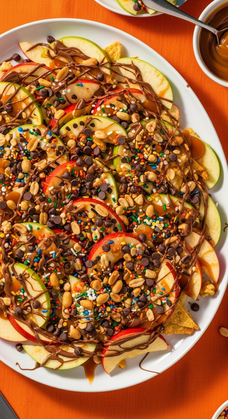Vibrant Caramel Apple Nachos With Green/Red Apples, Chocolate, Peanuts, Halloween Sprinkles On A White Platter. Delicious Fall Dessert.