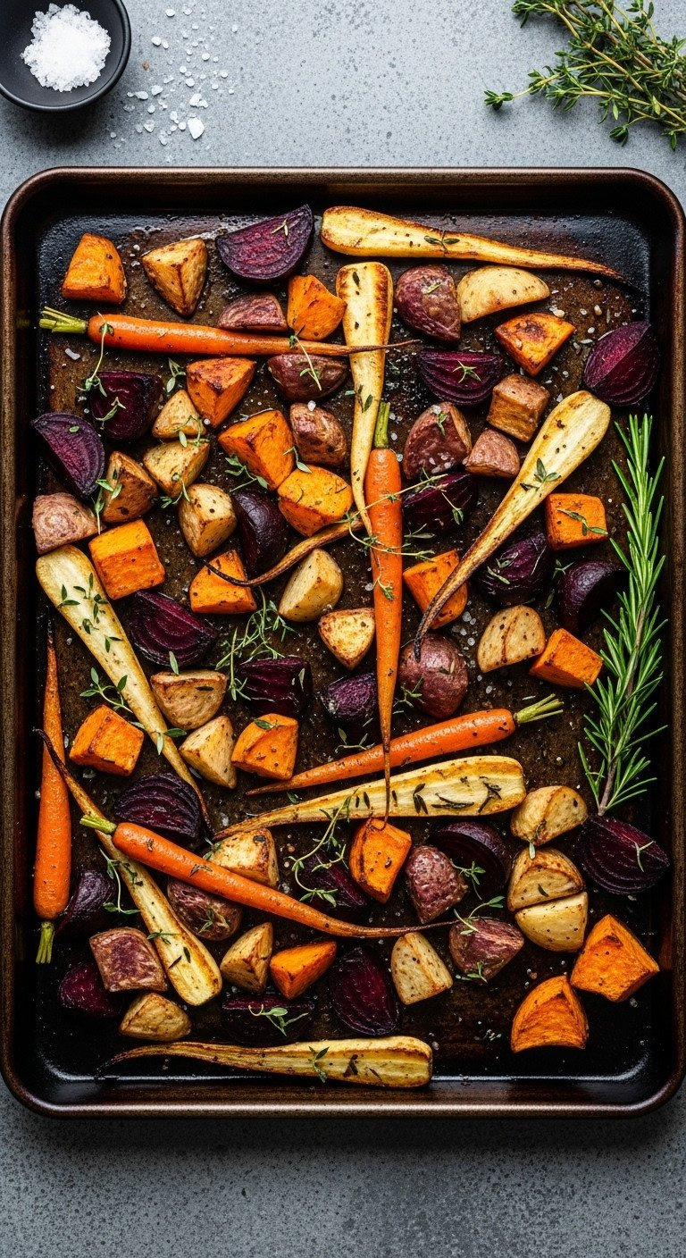 Vibrant Caramelized Roasted Root Vegetables: Sweet Potato, Beets, Parsnips, Carrots With Herbs On A Dark Baking Sheet.
