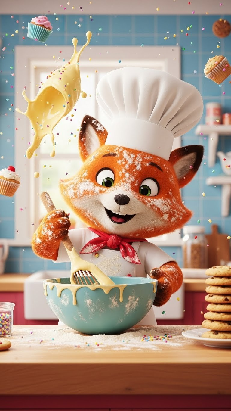 Vibrant Cartoon Fox Wearing Chef Hat Playfully Stirring Batter In Chaotic Kitchen Covered In Flour