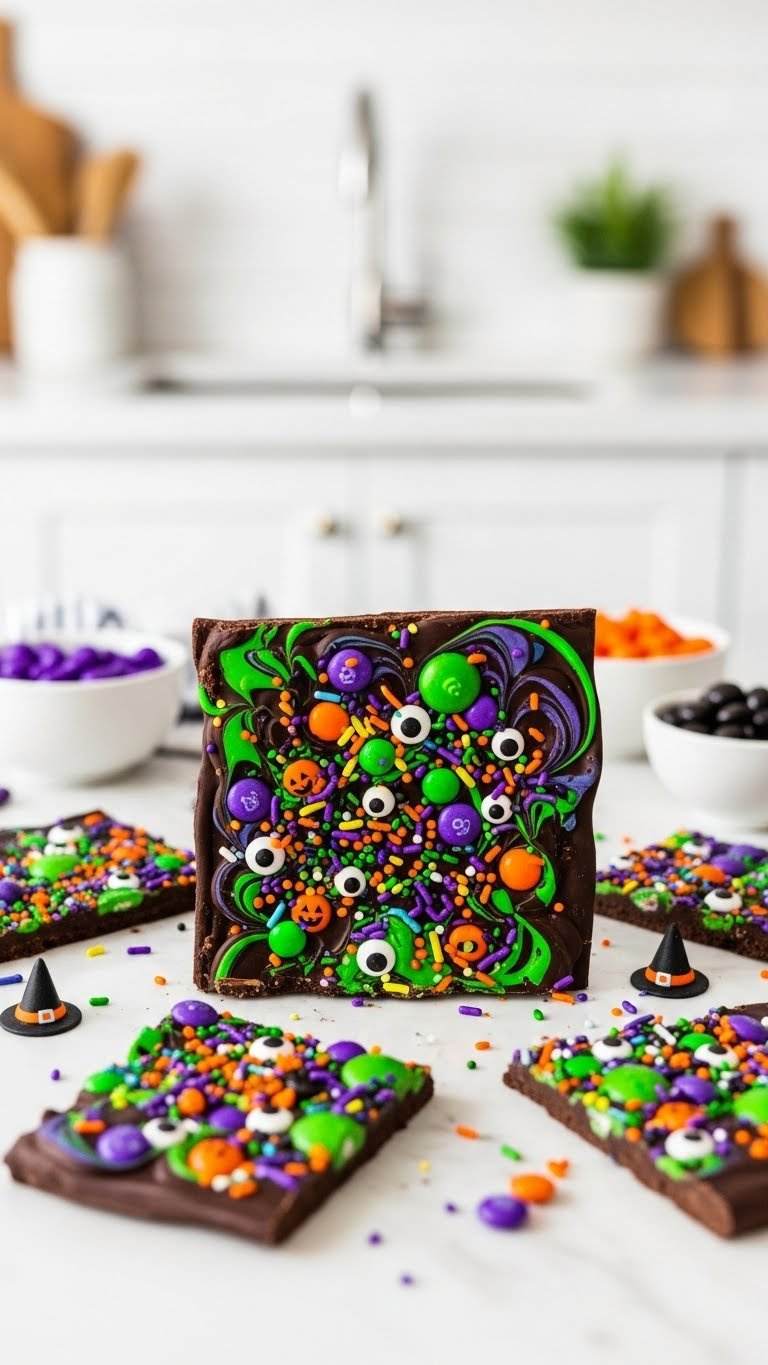 Vibrant Cauldron Chocolate Bark Swirled With Green And Purple Candy Melts, Halloween Sprinkles And Edible Googly Eyes