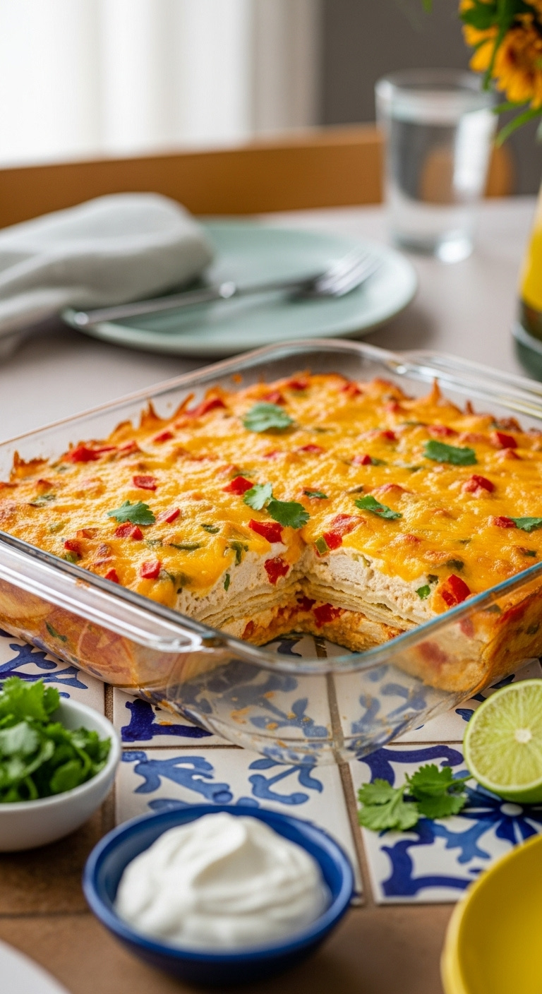 Vibrant Cheesy King Ranch Casserole In Glass Baking Dish With A Removed Slice Showing Layers Of Tortillas Creamy Chicken And Melted Cheese