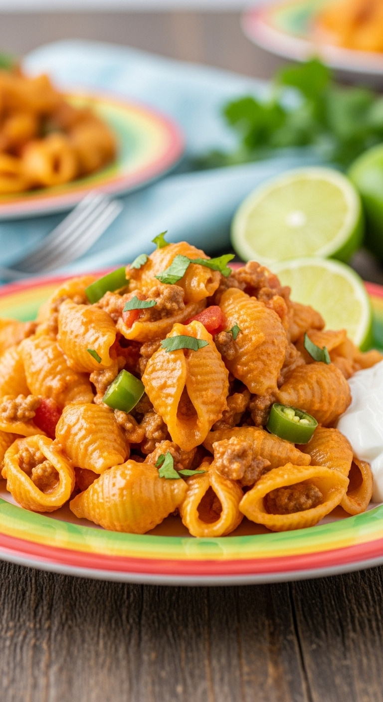 Vibrant Cheesy Scoop Of Slow Cooker Taco Pasta With Ground Beef Tomatoes Green Chili And Cilantro On A Colorful Plate