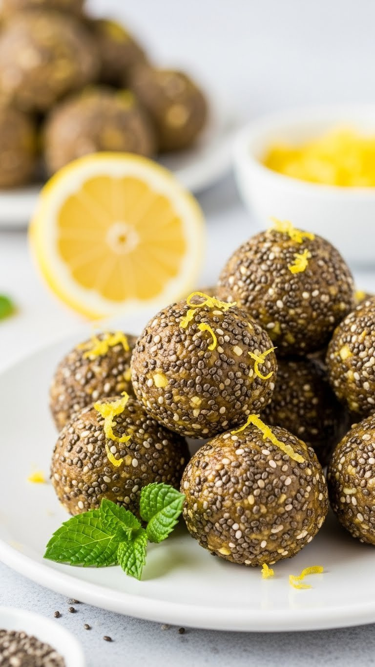 Vibrant Chia Seed And Lemon Zest Energy Bites With Fresh Mint On White Ceramic Plate In Bright Daylight