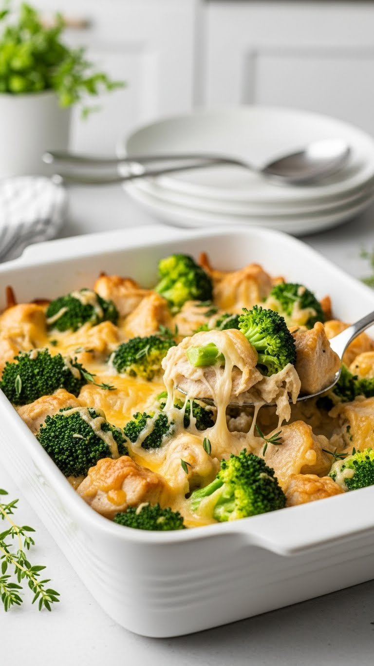 Vibrant Chicken Broccoli Cheese Casserole With Tender Chicken, Bright Green Broccoli, And Creamy Sauce.