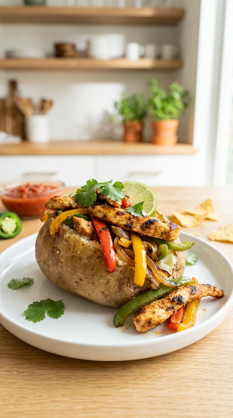 Vibrant Chicken Fajita Baked Potato With Seasoned Chicken Strips, Colorful Bell Peppers, Onions, And Cilantro