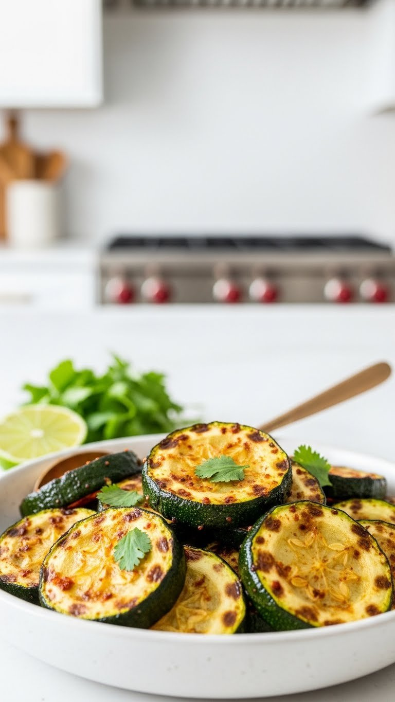 Vibrant Chili-Roasted Zucchini Slices Glistening With Seasoning In Sleek Ceramic Bowl