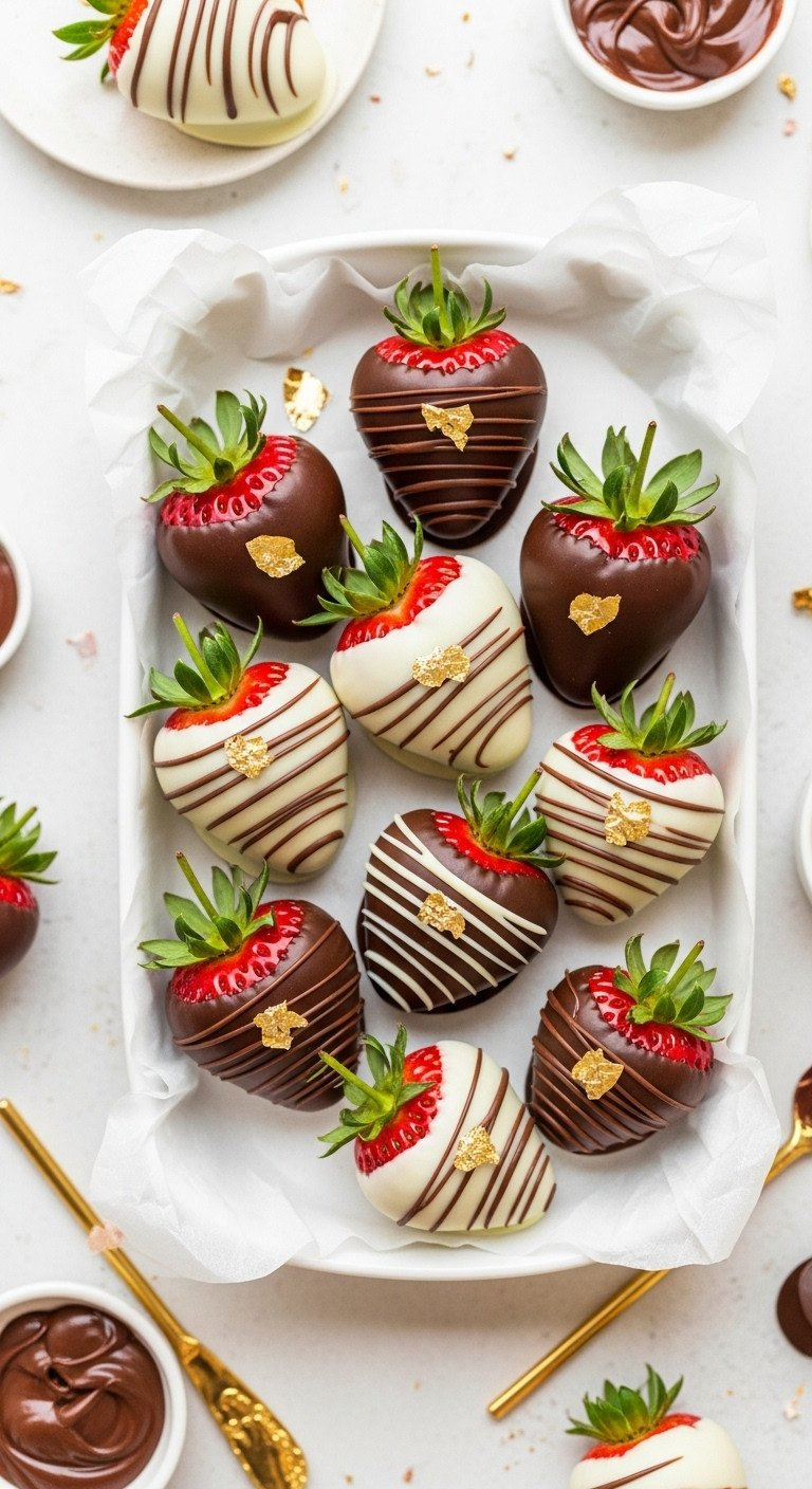 Vibrant Chocolate Covered Strawberries, Dipped In Dark &Amp; White Chocolate, Gold Flakes On A White Platter. Elegant Gourmet Dessert.