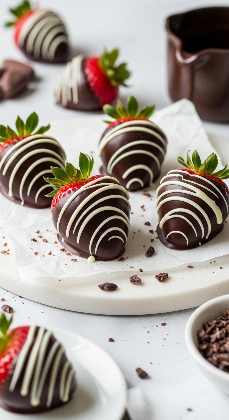Vibrant Chocolate-Dipped Strawberries With Dark And White Chocolate Drizzle. Arranged On Parchment, Marble Slab, Soft Light.