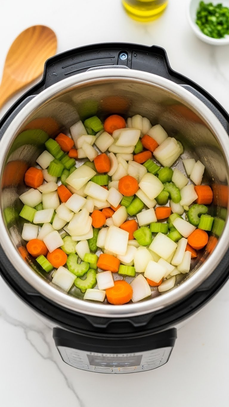 Vibrant Chopped Onions, Carrots, And Celery Sautéing With Steam In A Stainless Steel Instant Pot On A Modern Kitchen Counter.