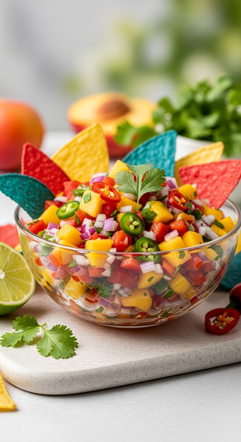 Vibrant Chunky Spicy Peach Salsa In A Glass Bowl With Colorful Tortilla Chips And Lime Wedge