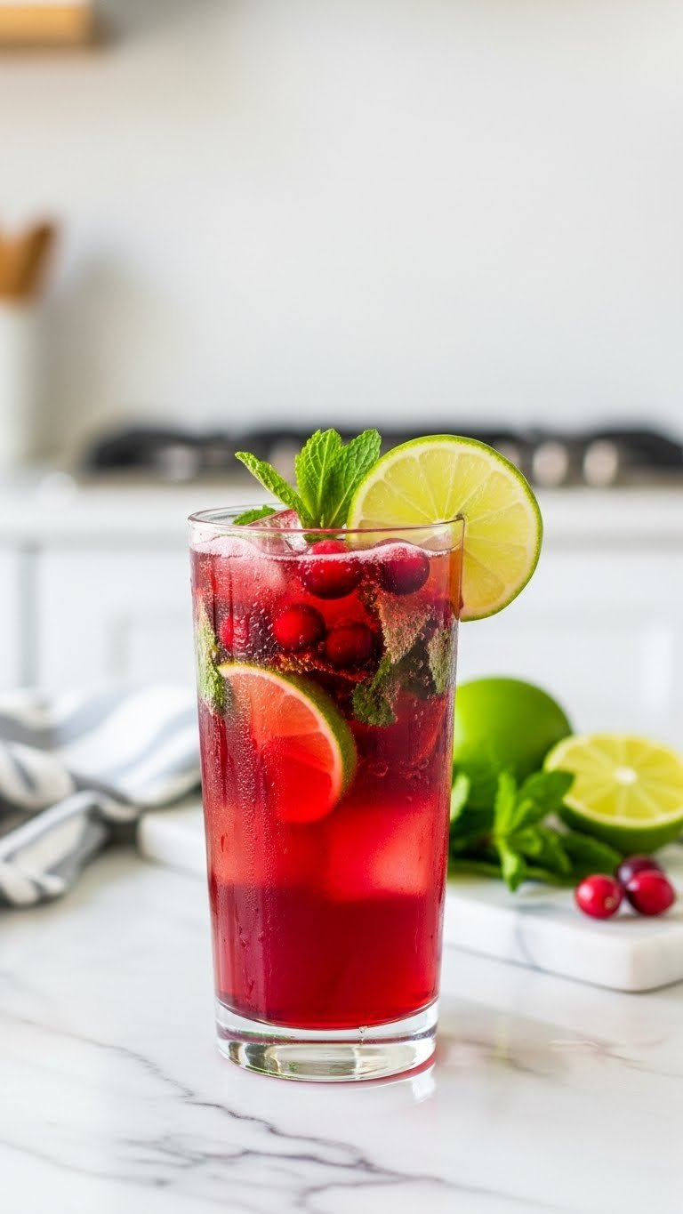Vibrant Citrus Cranberry Mojito Mocktail In Tall Highball Glass With Muddled Mint And Lime