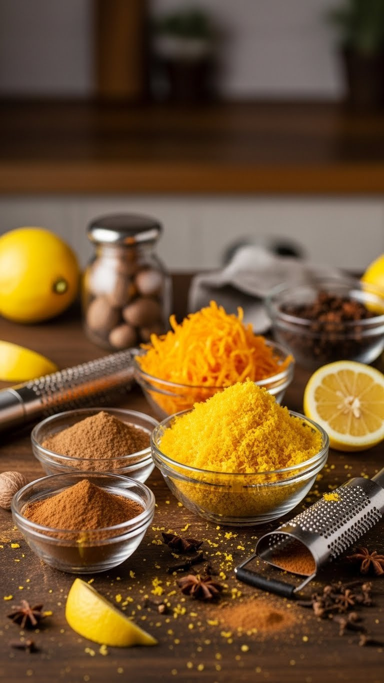 Vibrant Citrus Zest And Fragrant Baking Spices Including Cinnamon And Nutmeg In Vintage Glass Bowls