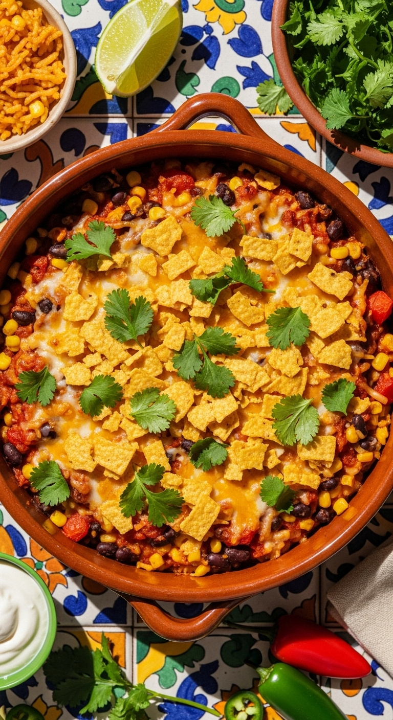Vibrant Colorful Southwestern Chicken And Rice Casserole In Terracotta Dish With Melted Cheese Crushed Tortilla Chips And Cilantro Black Beans Corn Tomatoes