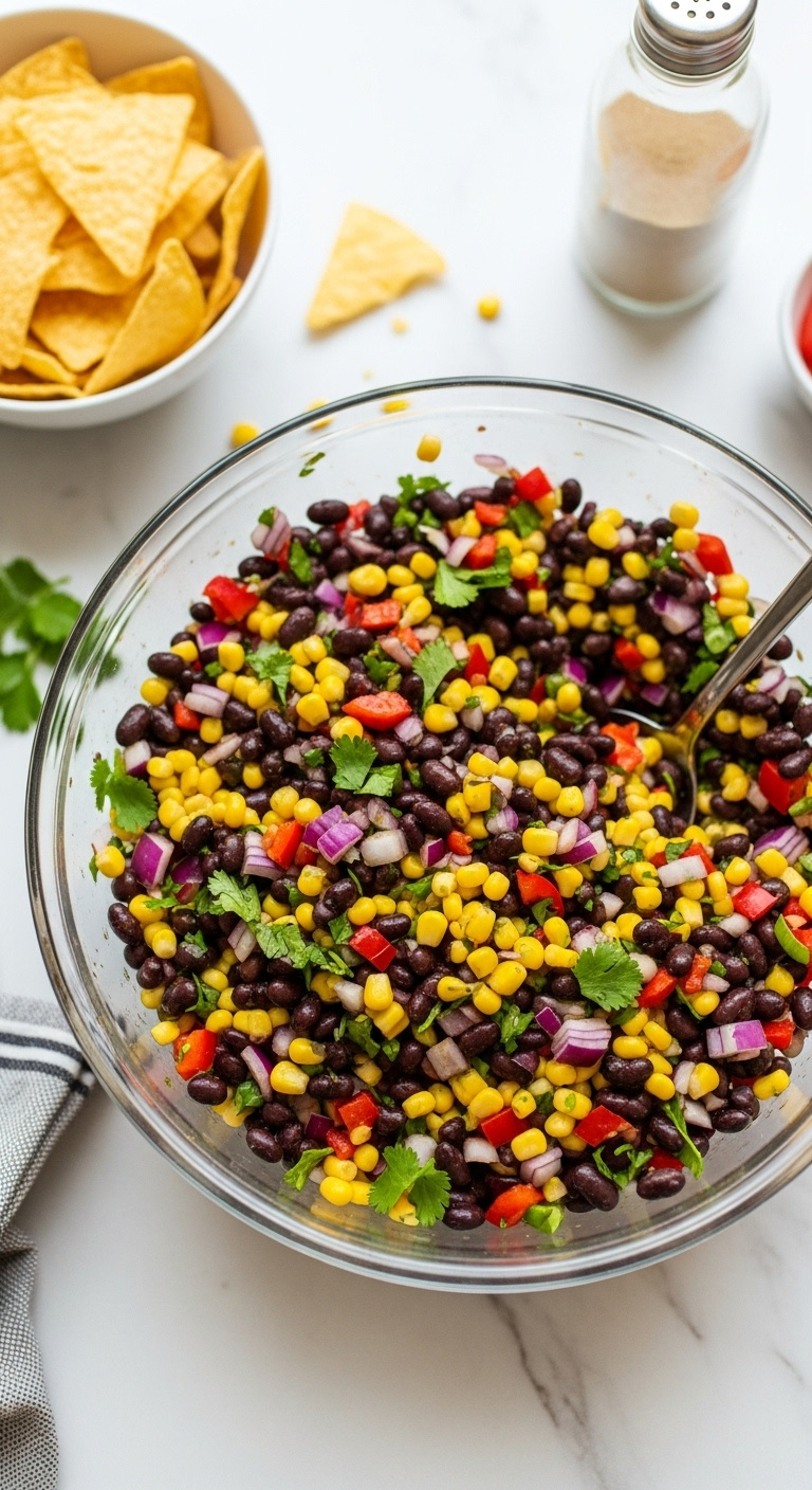 Vibrant Cowboy Caviar Corn And Black Bean Salad In A Glass Bowl With Tortilla Chips And A Serving Spoon On Marble