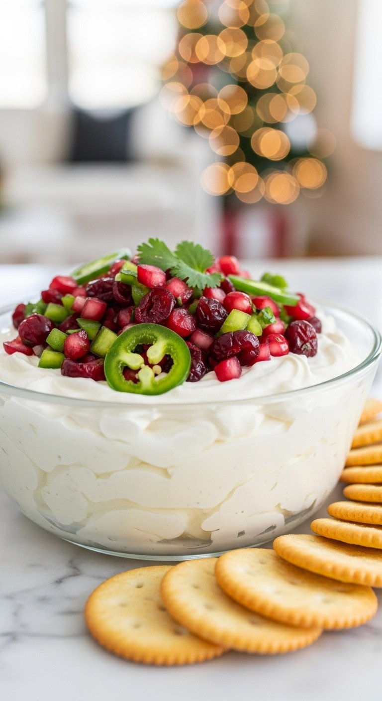 Vibrant Cranberry Jalapeño Cream Cheese Dip With Red And Green Topping, Crackers On Marble. Festive Holiday Appetizer, Party Food.