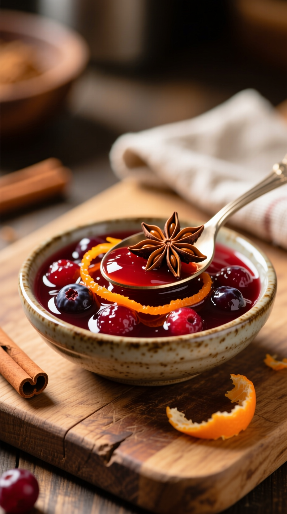 Vibrant Cranberry-Orange Compote With Whole Berries, Orange Zest, And Star Anise In A Vintage Bowl On A Cutting Board.