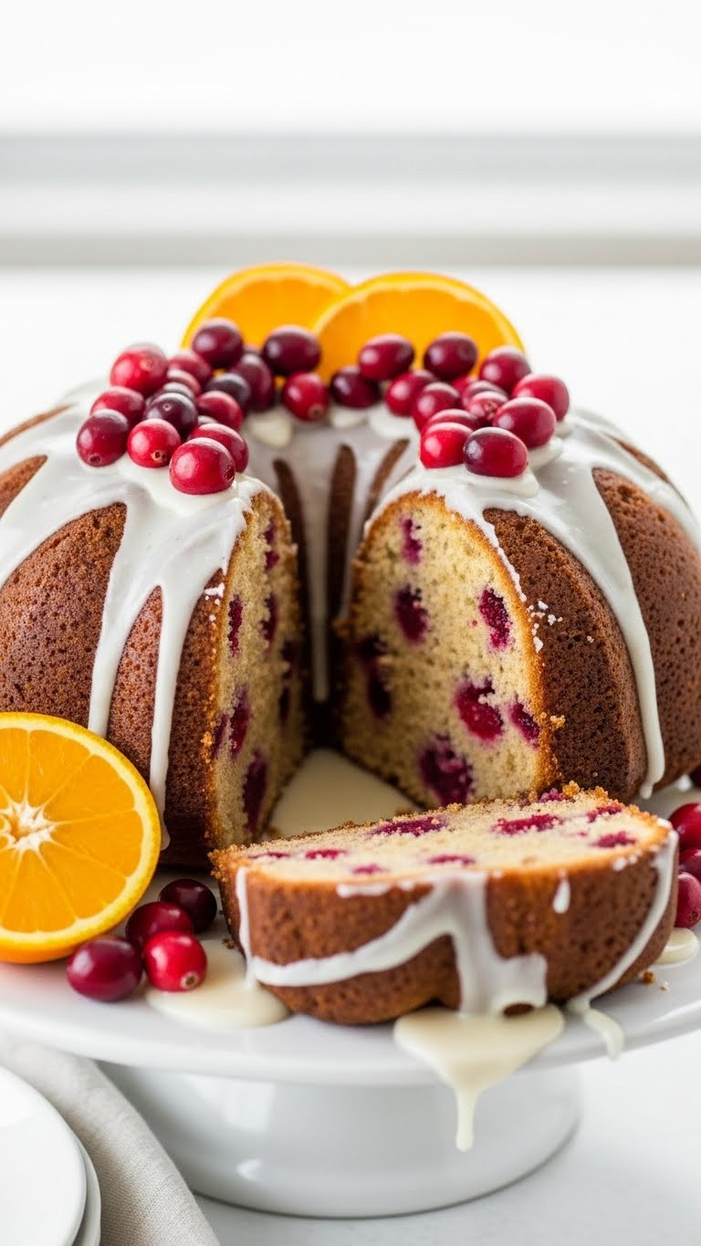 Vibrant Cranberry Orange Pound Cake With Glaze On Stand
