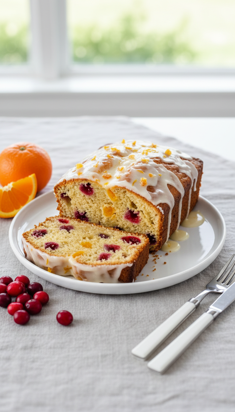 Vibrant Cranberry Orange Quick Bread Slice With Moist Crumb, Red Cranberries, Orange Zest, Citrus Drizzle. Fresh Holiday Baking.