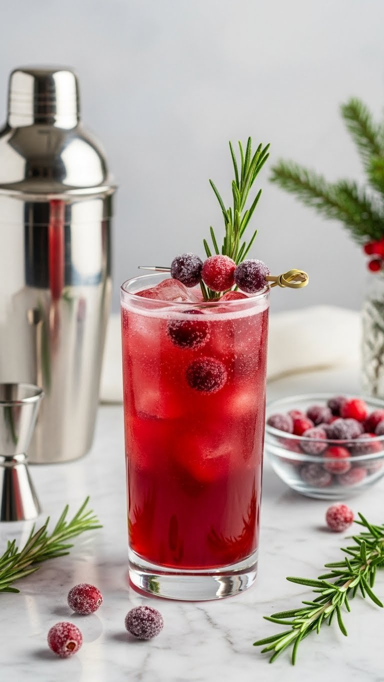 Vibrant Cranberry Rosemary Gin Fizz Cocktail In Tall Glass With Sugared Cranberries And Rosemary Garnish.