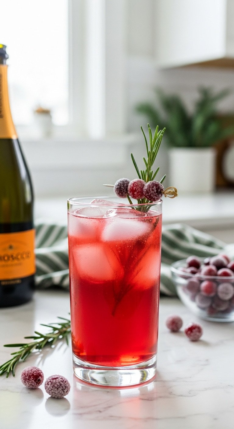 Vibrant Cranberry Spritz Cocktail In A Highball Glass With Ice, Rosemary, And Sugared Cranberries On A Marble Counter In A Festive Kitchen.