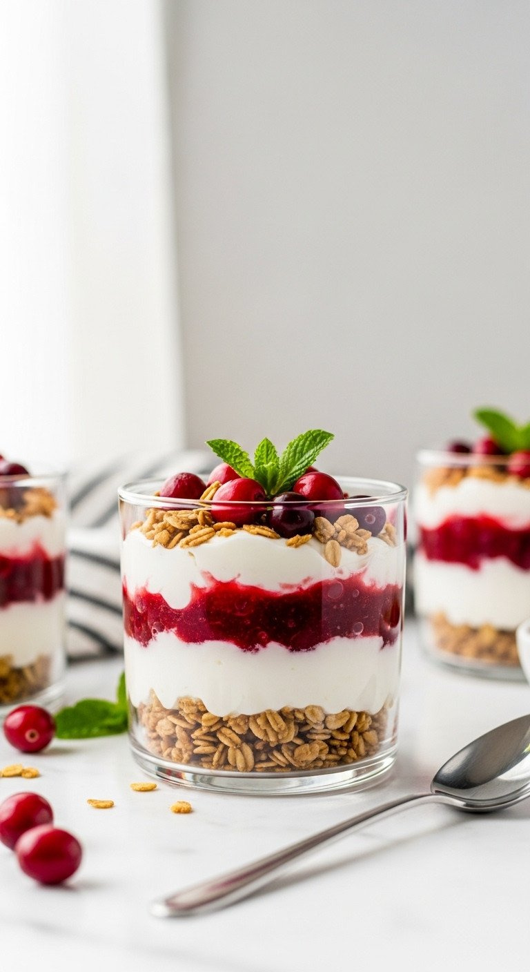 Vibrant Cranberry Yogurt Parfait With Layered Greek Yogurt, Granola, And Fresh Mint In A Glass Cup. Healthy Breakfast.