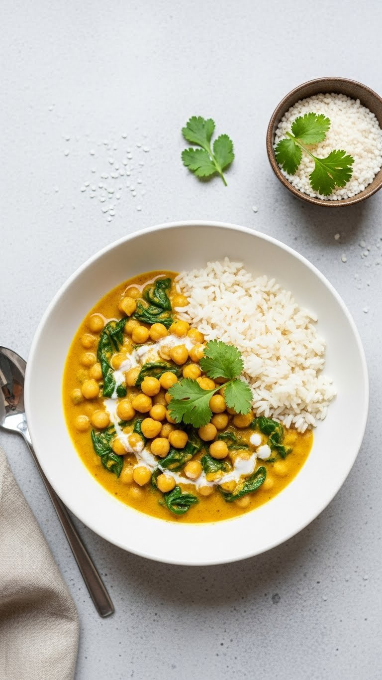Vibrant Creamy Coconut Chickpea Curry In White Bowl With Spinach And Cilantro Garnish On Stone Surface