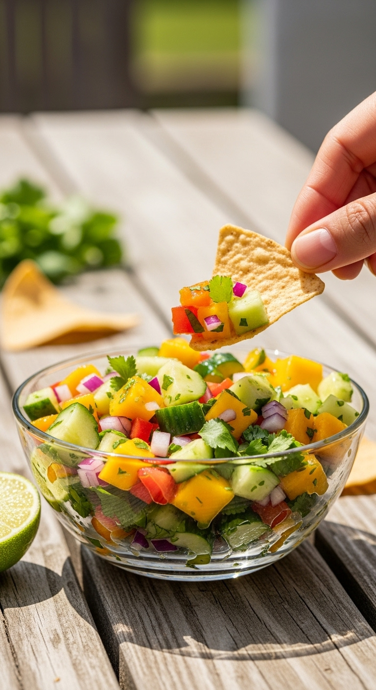 Vibrant Cucumber And Mango Salsa With Tortilla Chip In A Glass Bowl On A Wooden Picnic Table In Sunlight