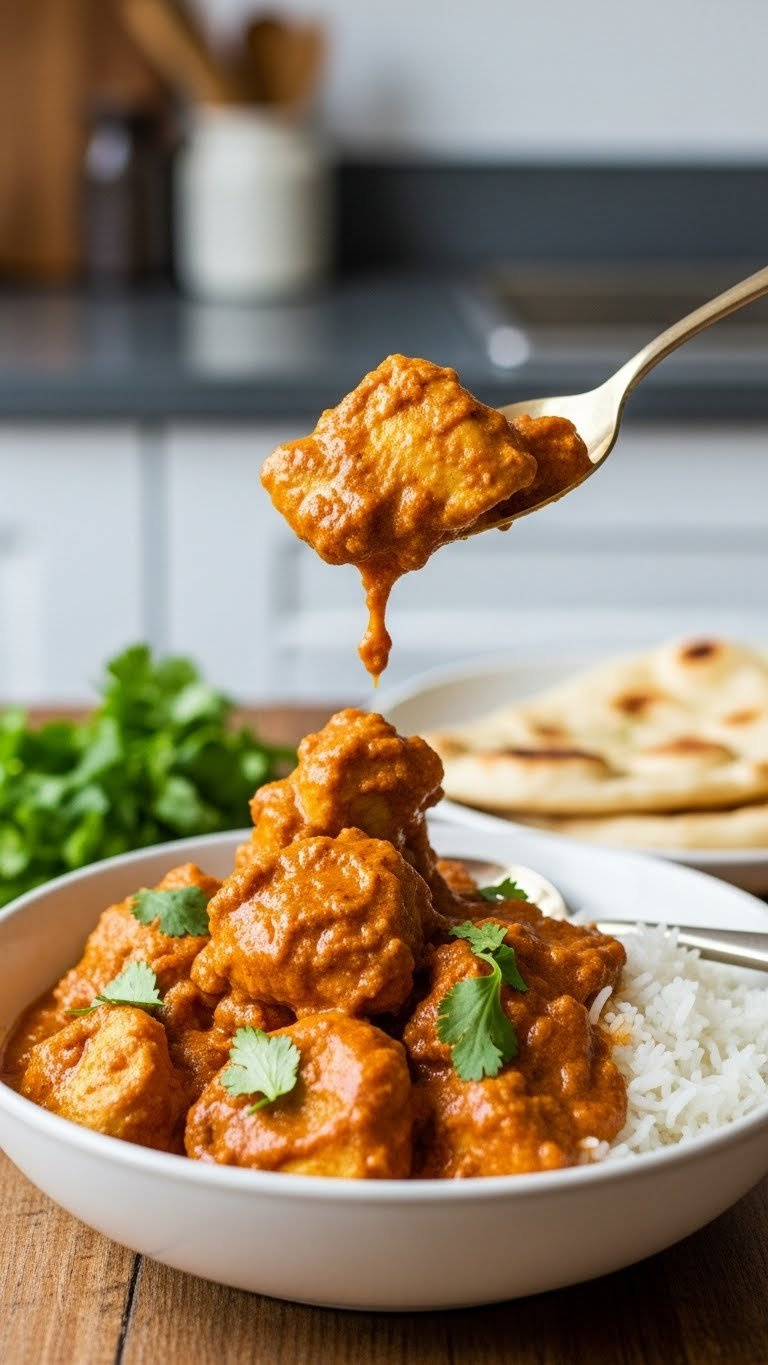 Vibrant Dairy-Free Instant Pot Butter Chicken With Tender Chicken, Creamy Sauce, Cilantro, Rice, And Naan On A Rustic Table.
