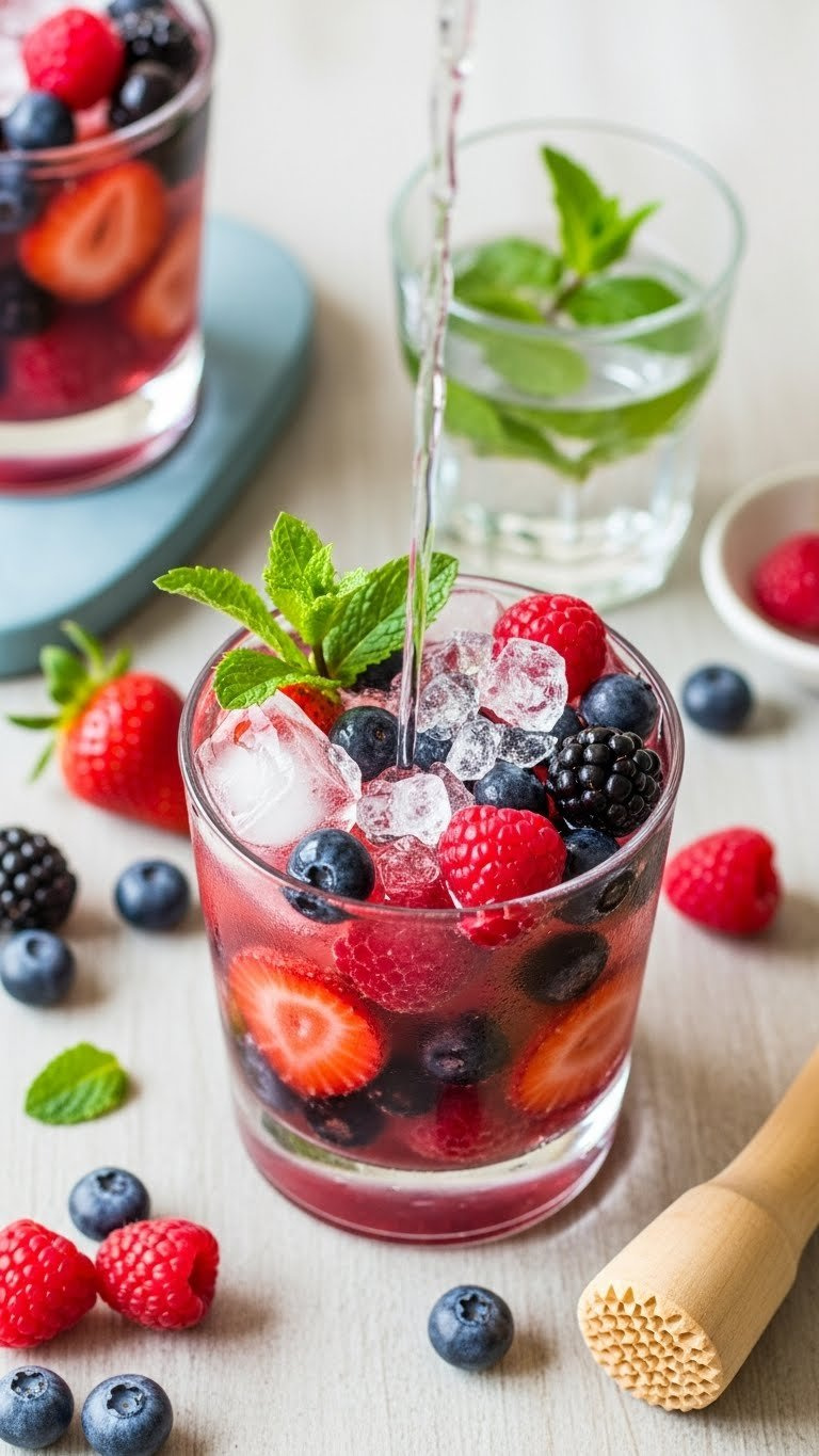 Vibrant Deconstructed Berry Smash Mocktail In Rocks Glass With Mixed Berries, Crushed Ice And Mint Sprig Garnish