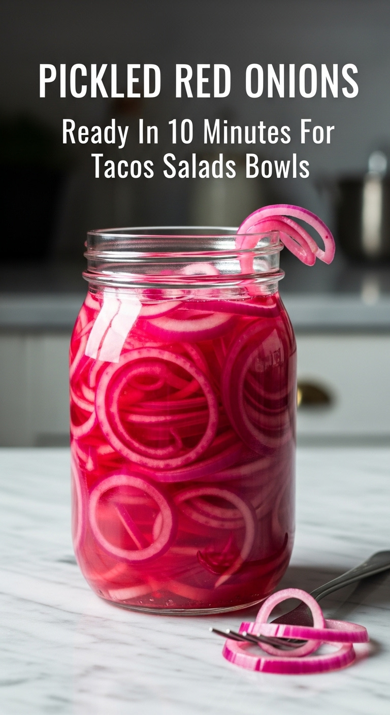 Vibrant Electric Pink Pickled Red Onions In A Glass Mason Jar With Crystal Clear Brine On A Marble Countertop With An Elegant Fork