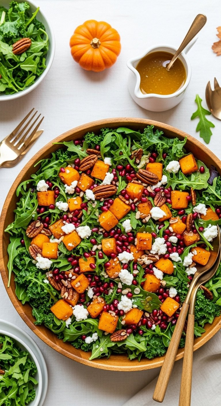 Vibrant Fall Harvest Salad With Roasted Butternut Squash, Pomegranate, Pecans, And Goat Cheese In A Wooden Bowl. Healthy Fall Recipe.