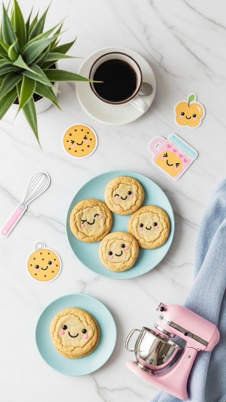 Vibrant Flat Lay Of Freshly Baked Cookies With Kawaii Baking Stickers On Marble Countertop For Social Media Sharing