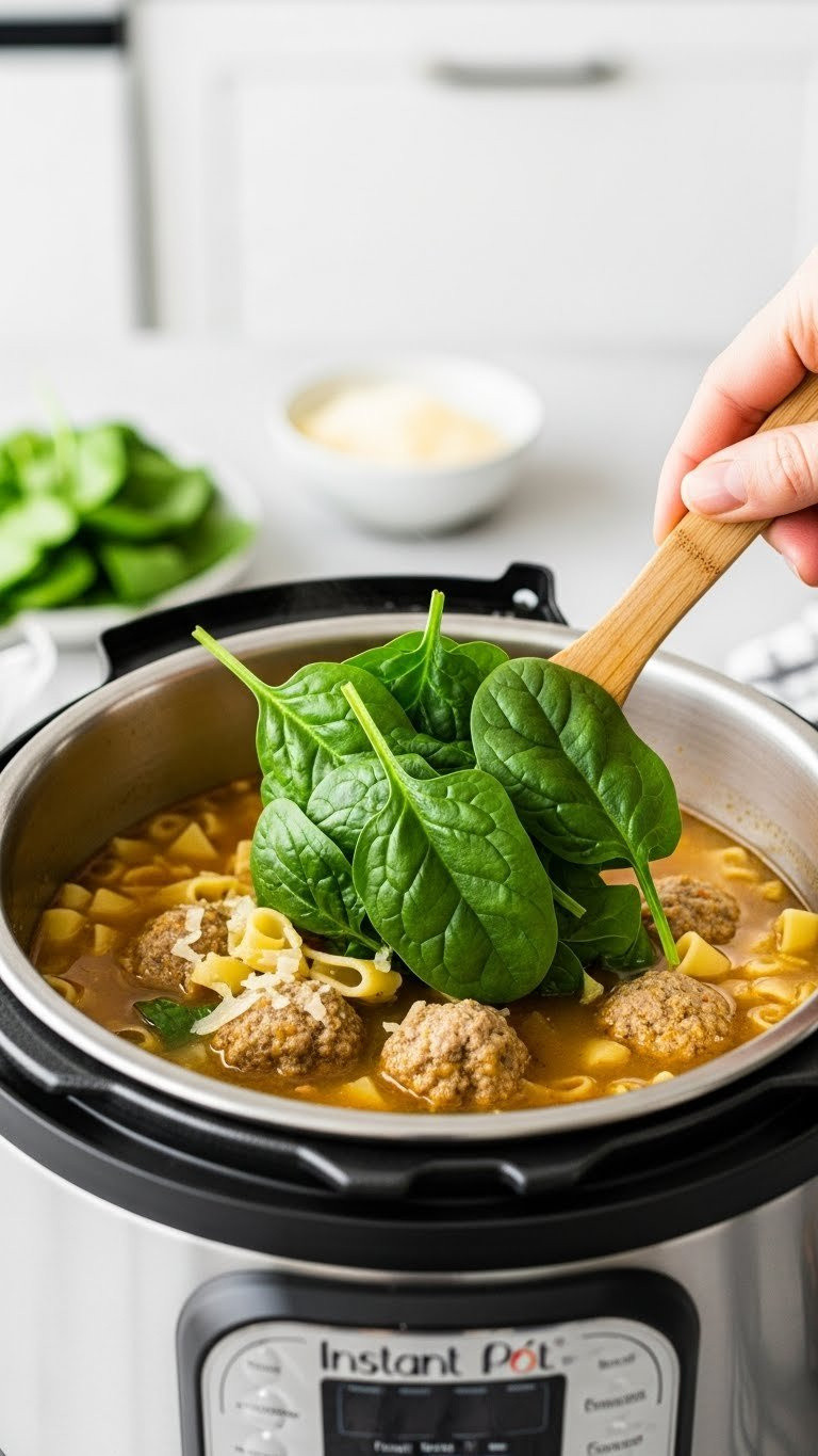 Vibrant Fresh Baby Spinach Is Gently Stirred Into Steaming Instant Pot Italian Wedding Soup With Meatballs And Pasta.