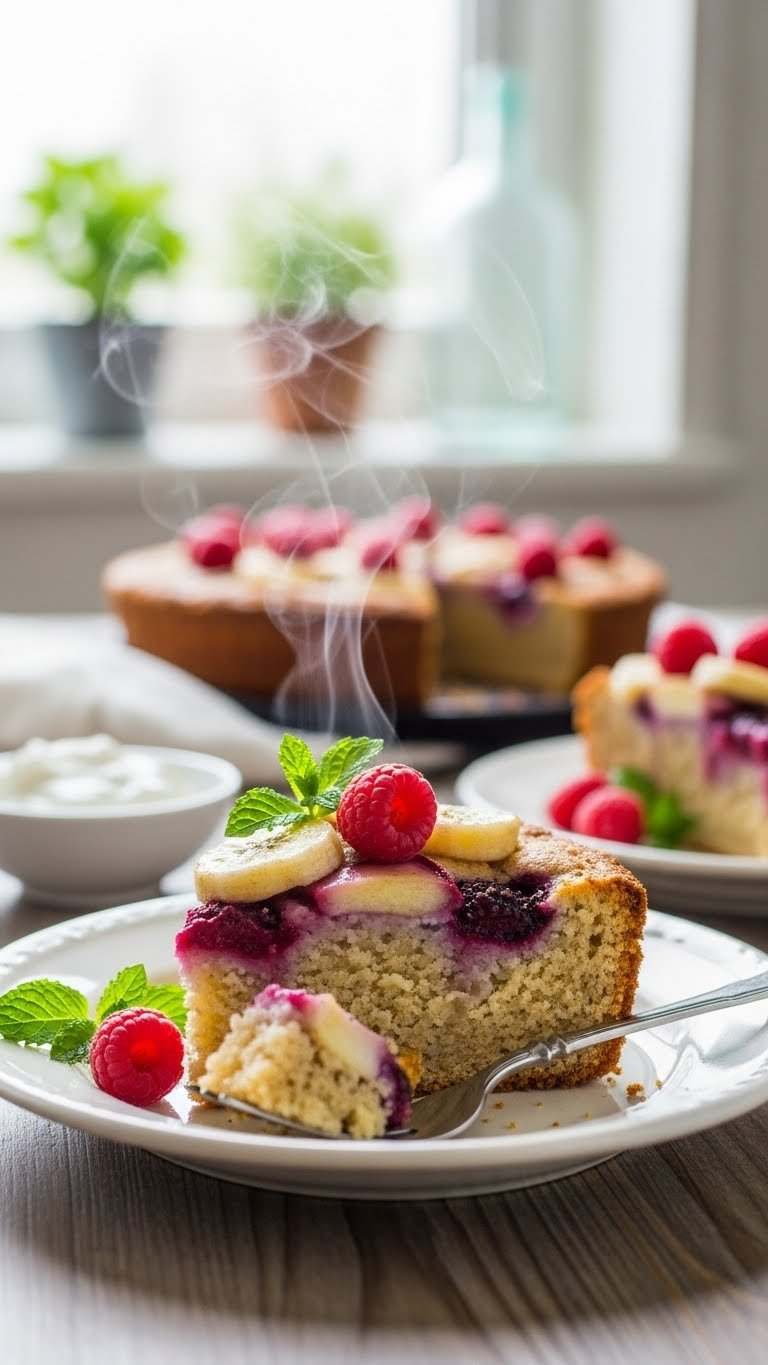 Vibrant Fruit Crisp Or Berry Cake Slice Overflowing With Fresh Fruit On Vintage Ceramic Plate
