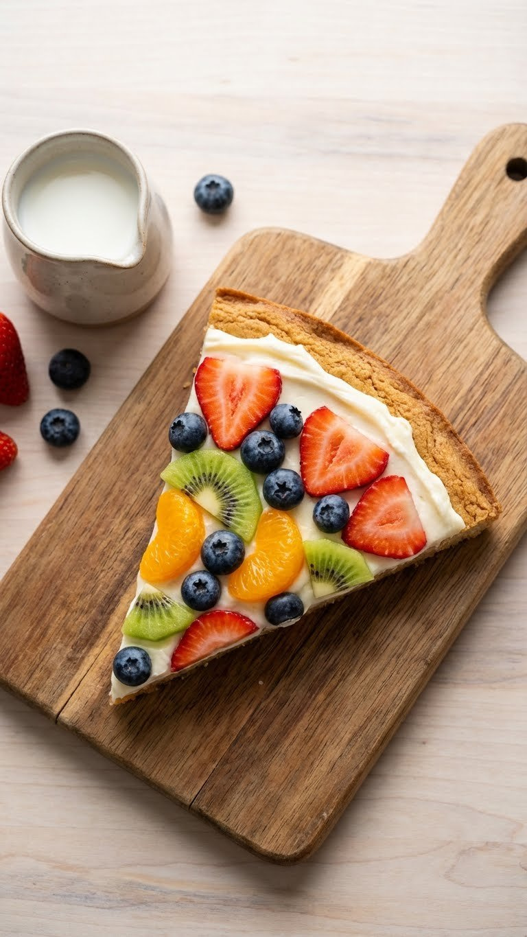 Vibrant Fruit Pizza Slice With A Golden Cookie Crust, Creamy Frosting, And Colorful Fresh Fruit On A Rustic Table.